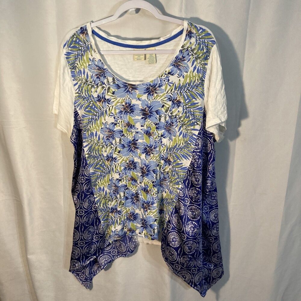 CARIBBEAN JOE white blue yellow floral shark bite hem top XL